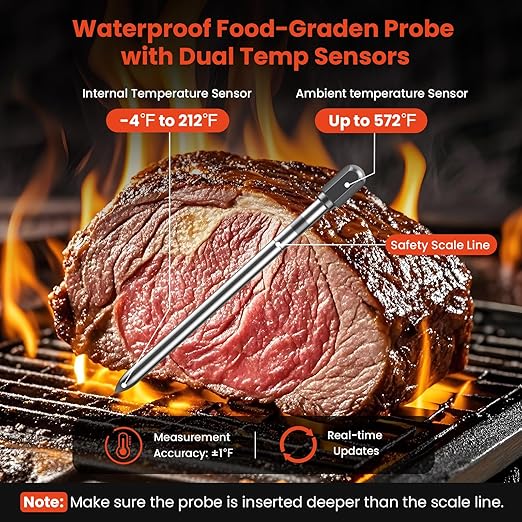 Wireless Meat Thermometer with Wireless Probe, 800Ft Remote Range Food Thermometer with iOS & Android Read App - Preprogrammed Temperatures, LCD Digital Cooking Thermometer for BBQ, Oven, Grill etc.