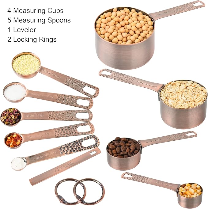 Smithcraft Copper Measuring Cups and Spoons Set 10, Metric & US Stainless Steel Measuring and Spoons Set for Baking & Kitchen, Nesting 4 Metal Measure Cups & 5 Spoons & Leveler for Dry & Liquid