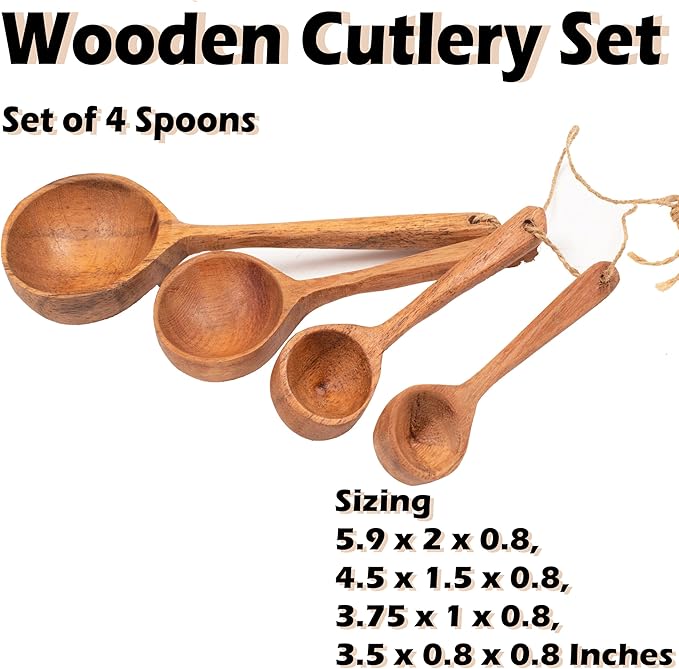 4 Piece Wooden Flatware Set - Handcrafted Wooden Measuring Spoons for Kitchen Utensils, Baking, Cooking, Spice Measuring - Durable Rustic Tools for Home, Chef, Restaurant (Brown) - ALPHA Living HOME