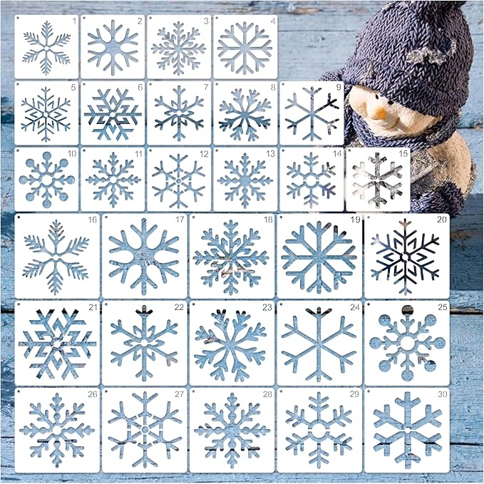 30 Pieces Christmas Snowflake Stencil Reusable Plastic Drawing Painting Stencil Winter Holiday Templates Stencils for Crafts Window Glass Wall Cookies (30 Snowflakes)