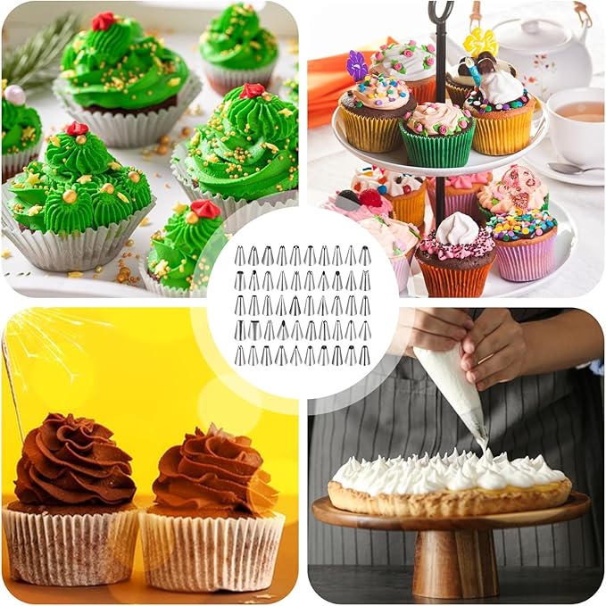 50Pcs Cake Tips for Decorating, 48 Different Patterns Stainless Steel Cake Decorating Tips and 2 Reusable Plastic Coupler for Cake & Cupcake Cookies Decorating, Cake Piping Tips Set