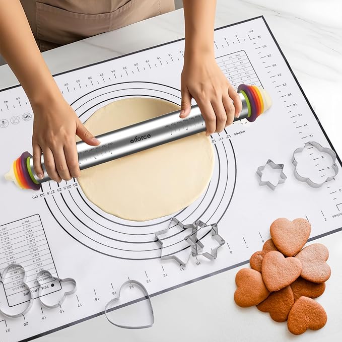 Stainless Steel Rolling Pin with Thickness Rings and Pastry Baking Mat, Pizza, Cookie, Bread, Pie Crusts,Roller Rod for Dough Thickness, 13.6" with 4 Multicolored Thickness Rings&Cookie Molds