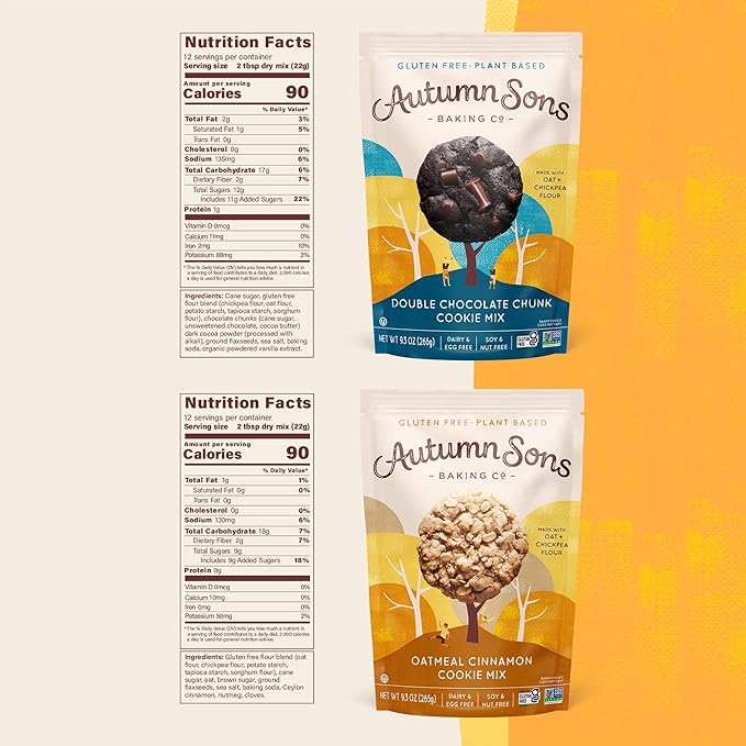 Autumn Sons Baking Co. Gluten Free Double Chocolate Chunk & Oatmeal Cinnamon Cookie Mix Combo Pack. Vegan Plant Based Baking Mix. Top 9 Allergen Free. 9.3 oz (Pack of 2)