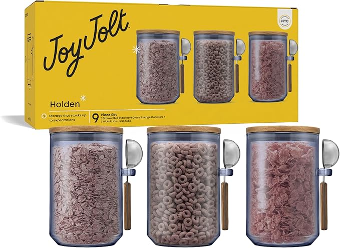 JoyJolt Holden 32oz Stackable Glass Storage Containers with Lids and Scoops, Airtight Food Canister Set of 3 w/Acacia Wood Lids, Round Stacking Pantry and Kitchen Containers w/Scoop | Smoke Blue