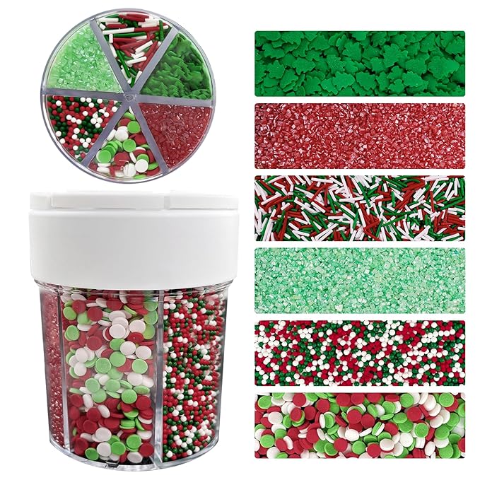 Christmas Sprinkles Green Christmas Tree Sprinkles Sanding Gugar Red Green White Jimmies Mix Holiday Cake Sprinkle Confetti Quin Mix Crystral for Cake Baking Ice Cream Cookies Cupcake Topper 6.7 Oz