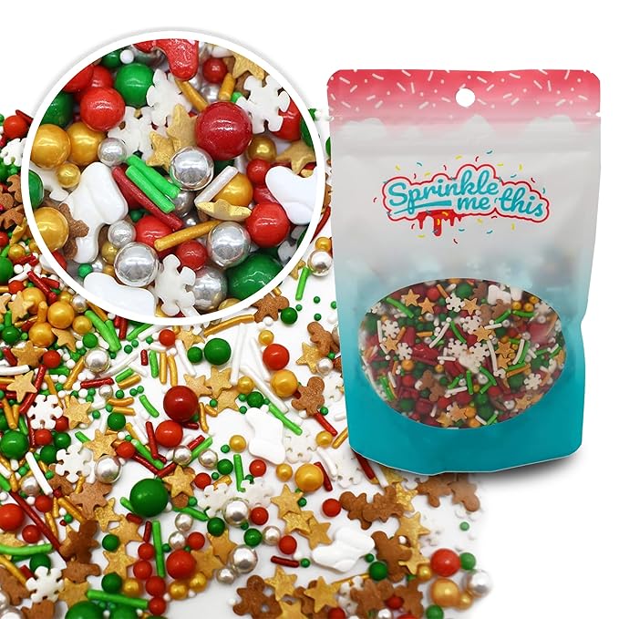 Christmastime Treasures - 4 Oz Resealable Bag - Christmas Themed Sprinkle Mix - Features Snowflake Quins, Santa Boot Quins, Red, Silver, and Green Pearls and More - Ice Cream and Cake Sprinkles