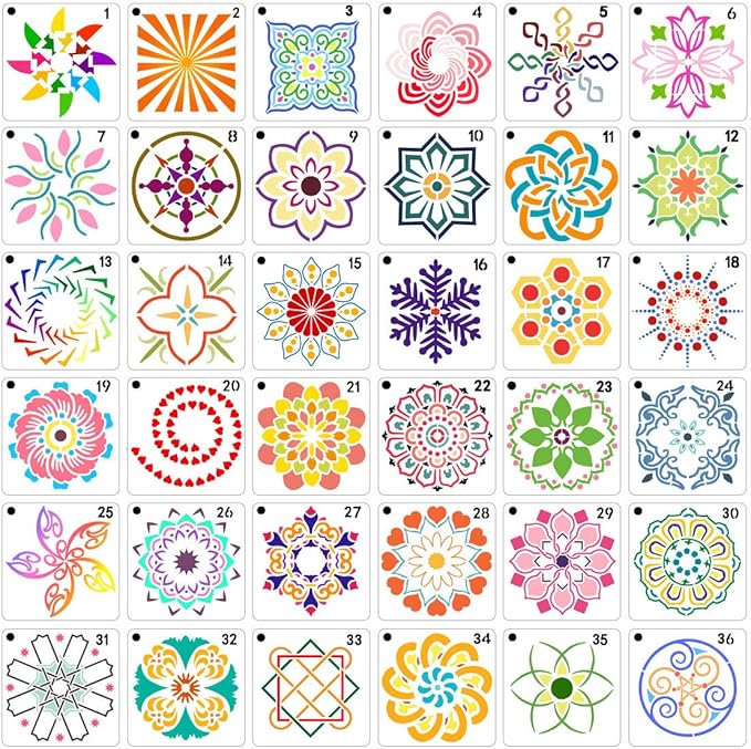 36 PCS Reusable Mandala Stencils for Painting Rocks Wood Canvas Fabric Glass Pottery Art Projects
