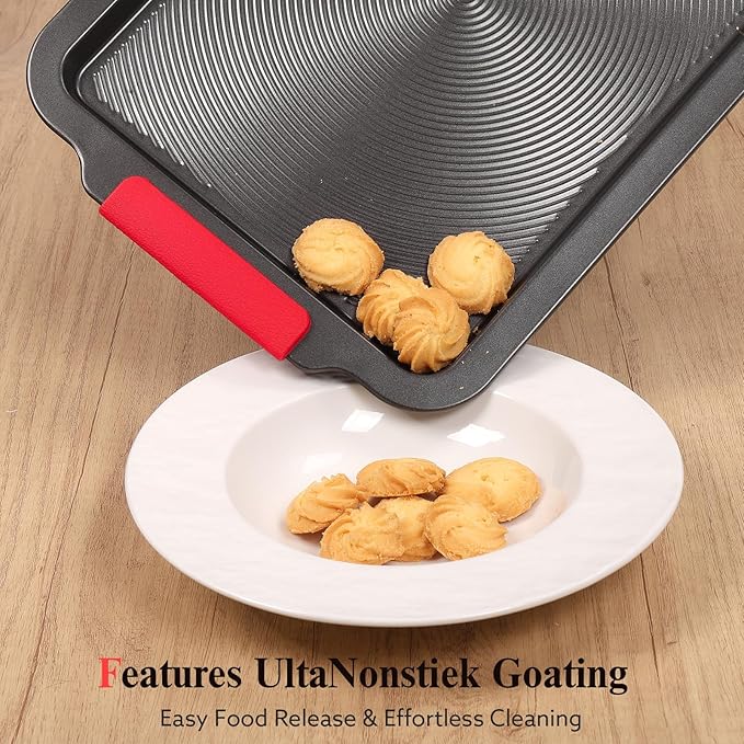 Baking Sheet with Circle Grooves, 1-Piece 16x11in Nonstick Cookie Sheets for Baking & Roasting, Baking Pans with Red Grips, PFAS/PTFE Free,Gray