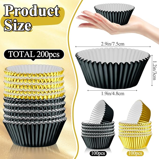 200PCS Black and Gold Cupcake Liners Mini Muffin Baking Cups Wrappers for Retirement Birthday Party Supplies Disposable Cupcake Papers for Black Golden Masquerade Party Decorations