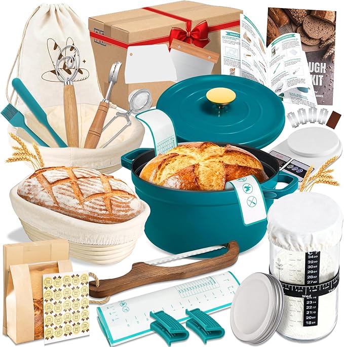 Upgraded Sourdough Starter Kit with Pot, Sourdough Bread Baking Supplies incl. 34 Oz Starter Jar, 2 Banneton Bread Proofing Baskets, Scraper, Scale, Lame, Dough Whisk, Sour Sough Tools