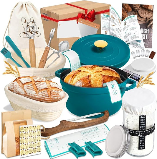 Upgraded Sourdough Starter Kit with Pot, Sourdough Bread Baking Supplies incl. 34 Oz Starter Jar, 2 Banneton Bread Proofing Baskets, Scraper, Scale, Lame, Dough Whisk, Sour Sough Tools