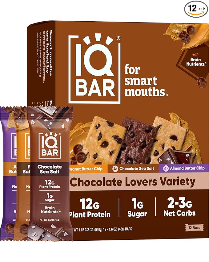 IQBAR Brain and Body Plant Protein Bars - Chocolate Lovers Variety - 12-Count - Keto, Vegan, Low Carb, High Fiber, Gluten Free, Dairy Free, Low Sugar Snack with Nutrients for Focus, Energy, Meal Replacement