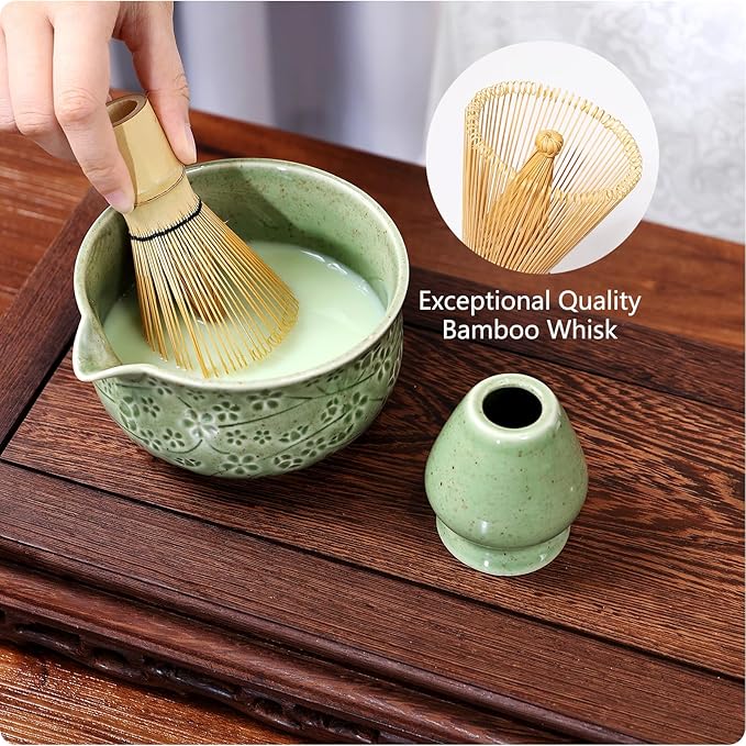 7 Pcs Matcha Whisk Set, Ceremony Matcha Kit with Matcha Bowl, Bamboo Whisk and Holder, Scoop and Scoop Rest, Sifter and Tea Towel, Gift for Matcha Lovers (Mottled Green/Cherry Blossom-Patterned 2)