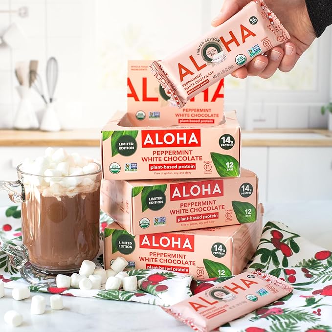 ALOHA Organic Plant Based Protein Bars - Peppermint White Chocolate, Vegan, Low Sugar, Gluten-Free, Paleo, Low Carb, Non-GMO, No Stevia, No Erythritol - LIMITED EDITION, 12 Count (Pack of 1)