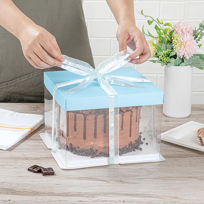 Restaurantware Sweet Vision 8.5 Inch x 6.75 Inch Transparent Cake Boxes, 10 Grease Resistant Base Clear Cake Boxes - Blue Lid, Blue Ribbon, Plastic Birthday Cake Boxes, For Weddings Or Birthdays