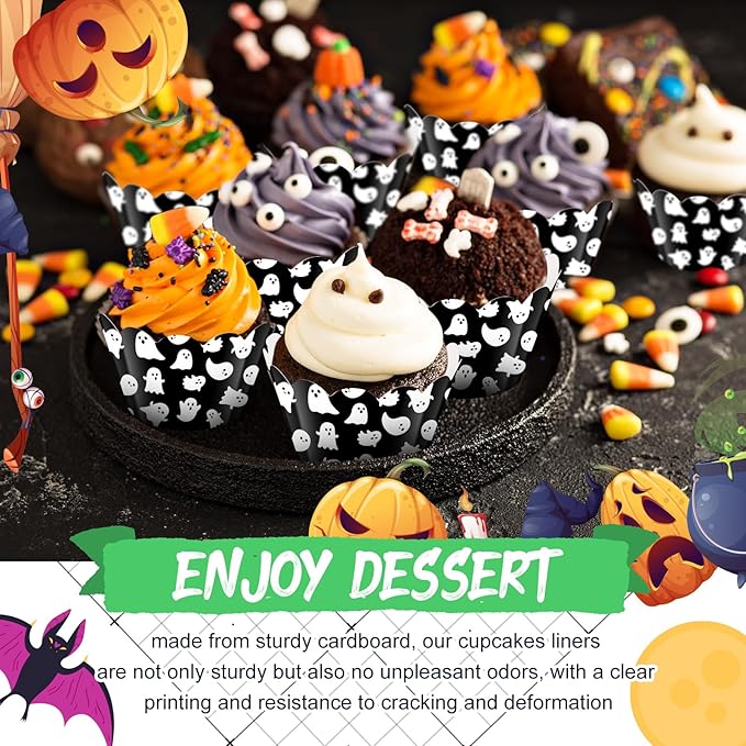 Domensi 100 Pcs Halloween Ghost Cupcake Wrappers Cupcake Liners Ghost Baking Cups Baking Liners for Wedding Bridal Baby Shower Birthday Halloween Party Supplies Dessert Decoration