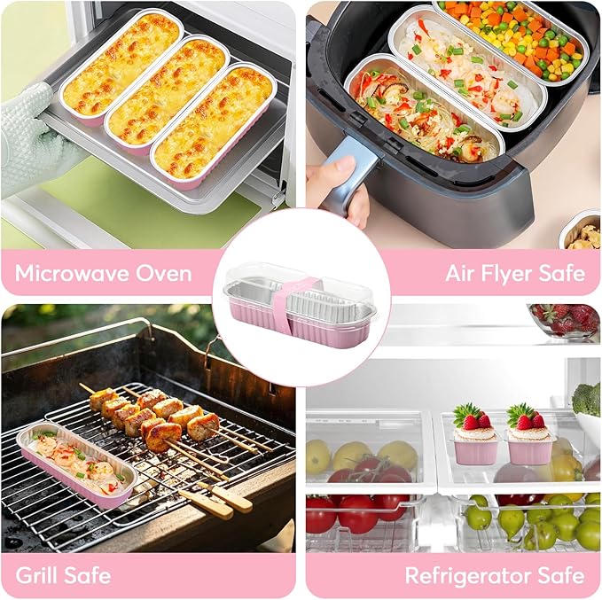 Ruckae 100 Pack Mini Loaf Cake Pan with Lids and Spoons Disposable Aluminum Tin Foil Pans Rectangle Mini Loaf Pans with Lids for Baking,Party,Picnics,Holidays (Pink)