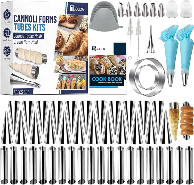 Cream Horn Molds for Baking, 60pcs Cannoli Tubes Molds, Non-stick Stainless Steel 23pcs Cone Shaped and 20pcs Tubular Shaped Cannoli Forms for Danish Pastry Lady Lock Form Cream Roll Croissant