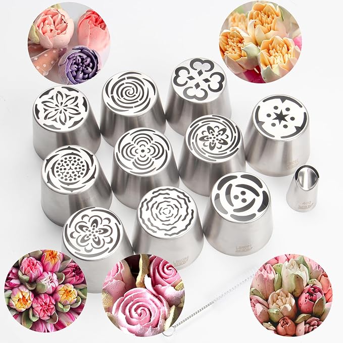 Extra Large Russian Piping Tip Set - 10 Stainless Steel Marshmallow Buttercream Framing Nozzles for Roses Tulip Cake Decorations and Bouquets, Includes 1 Leaf Nozzles and 1 Cleaning Brush(10B)