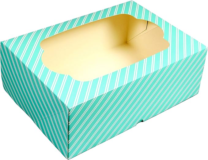 Global Sugar Art Auto-Popup Quarter Sheet Cake & 12 Cupcake Box with Window and Cupcake Inserts, Designer Blue Stripe 14 x 10 x 4 Inches, 5 Count
