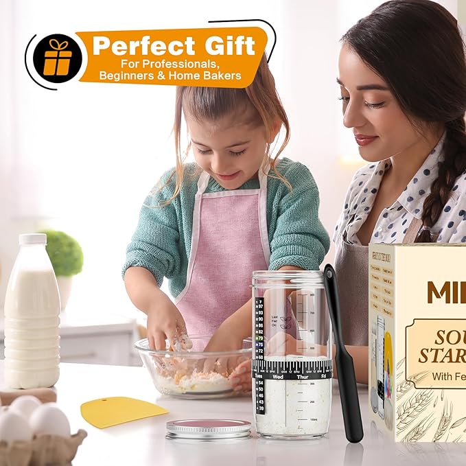 Glass Sourdough Starter Kit with Cloth Cover & Metal Lid, Tracker Band, Thermometer, Jar Scraper, Lame, Dough Whisk, Bread Baking Supplies