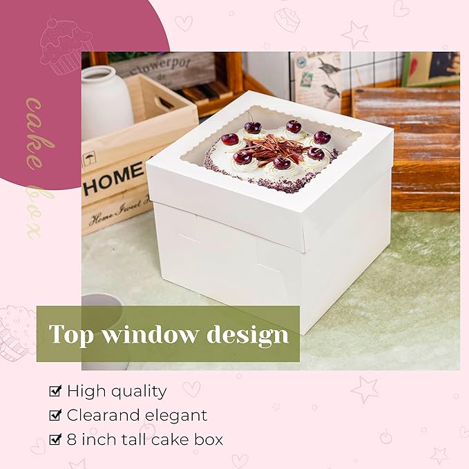 Cake Boxes 10×10×8 inch White Tall Cake Boxes with Window Cajas Para Pasteles for Cakes, Pies, Pastries, Birthday, Party (2 Pack)