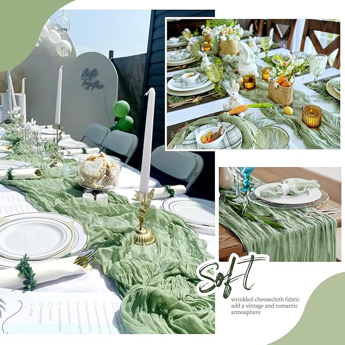 6 Pack Sage Green Cheesecloth Table Runner 17x108 Inch Semi Sheer Boho Gauze Cheese Cloth Fabric Table Runners, for Wedding Party Baby Shower Birthday Home Decor Garden Farmhouse
