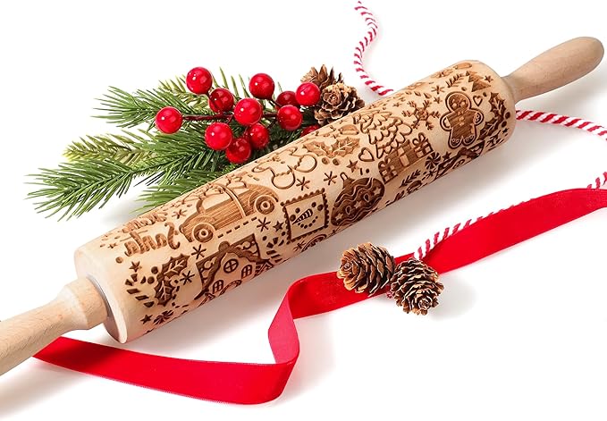 17" Premium Wood Rolling Pins for Baking with Gingerbread Embossed Designs | 3mm Deep Springerle Cookie Molds | Christmas Rolling Pin & Baking Gifts for Women | Includes 3-in-1 Cleaning Brush