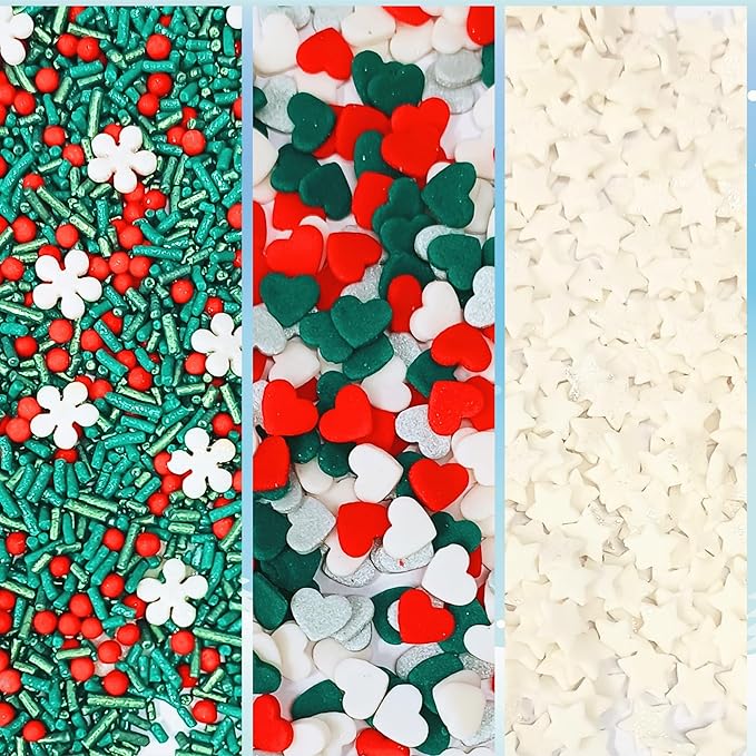 Confect Christmas Sprinkles | Sprinkles for Baking & Cake Decorative | Assorted pack of 5 Silver, Red, Green & White I Heart, stars, Snowflakes sparkling sugar | Cookie sprinkles| Dessert Decorating