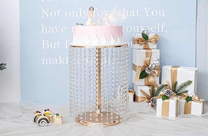 LANLONG Wedding Cake Stand for Dessert Table 12 Inch Gold Crystal Pendants Metal Cake Stand Serves as A Round Dessert Cupcake Display Plate 16 Inch Tall (Gold)