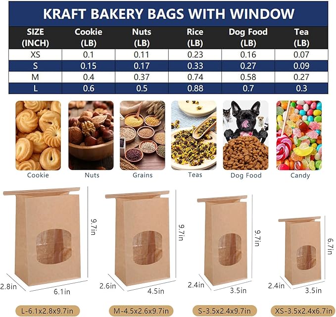 50pcs Bakery Bags with Window for Cookies Bread Packaging Brown Paper Bag Bulk XS