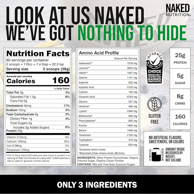 NAKED Whey Protein Supplement Powder, Chocolate, GMO Free, Soy Free, Gluten Free Aid Muscle Growth and Recovery 60 Servings, 5 Ib