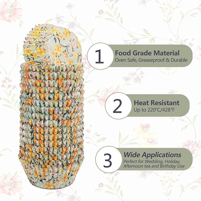 Floral Standard Cupcake Liners 400 Count Paper Baking Cups Food Grade Disposable Cupcake Wrappers, Green