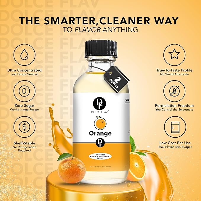 Dolce Flav Natural Orange Extract – 2 Ounce Oil-Soluble Kosher, Sugar-Free, Concentrated Citrus Flavor for Candy, Chocolates & Desserts, Includes Measured Dropper, Pack of 2