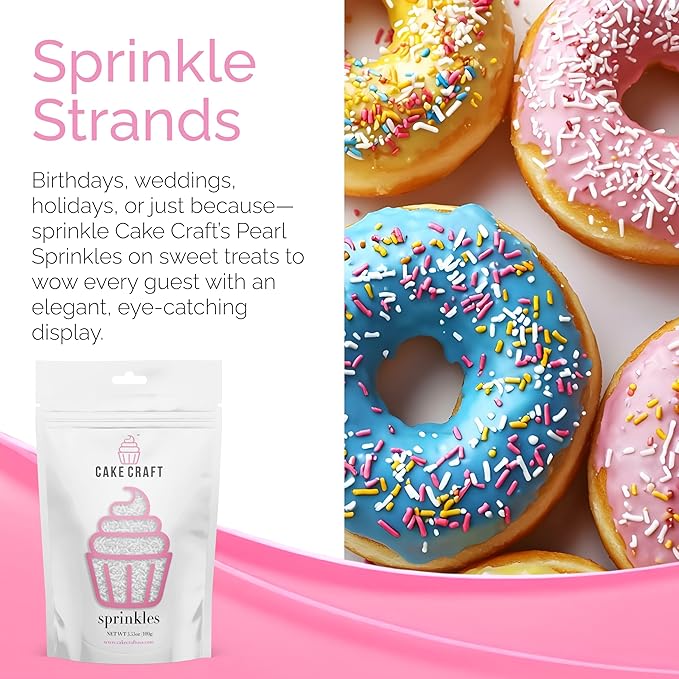 Cake Craft White Sugar Strand Sprinkles (Jimmies) – 3-Pack (100g Each) | Elegant White Sprinkles for Cakes, Cupcakes, Cookies & More | Soft Color & Sweet Crunch
