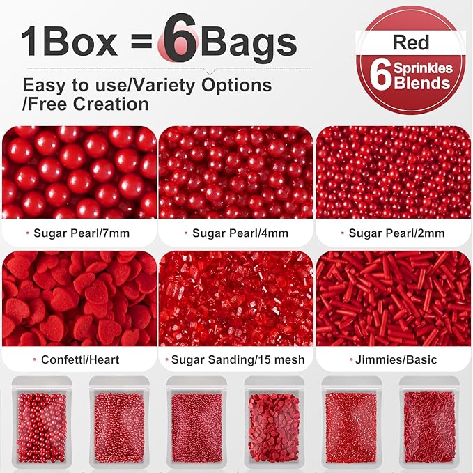 HUEBEATY 6-in-1 Christmas Red Sprinkles for Cake Decorating - 180g Red Heart Shaped Confetti Sprinkles, Edible Sugar Pearls, Sanding Sugar & Jimmies, Grinch Christmas & Valentines Sprinkles for Cookies, Cupcakes Baking