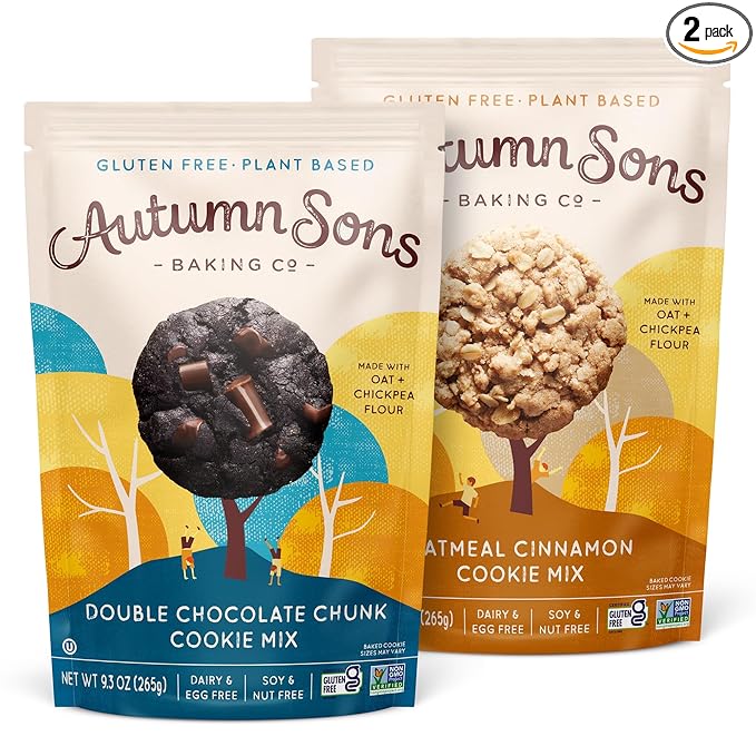 Autumn Sons Baking Co. Gluten Free Double Chocolate Chunk & Oatmeal Cinnamon Cookie Mix Combo Pack. Vegan Plant Based Baking Mix. Top 9 Allergen Free. 9.3 oz (Pack of 2)