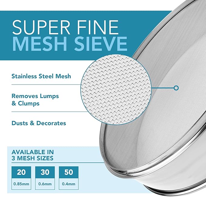 Stainless Steel Flour Sifter Fine Mesh Round Flour Sieve for Baking 16.5" Diameter x 2.88" High; 50 Mesh (Hole Size 0.3mm)