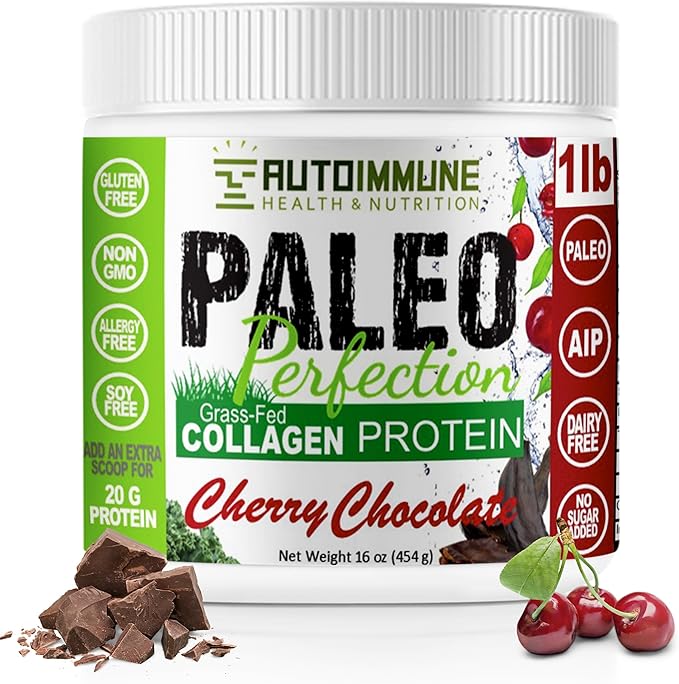 Paleo Perfection Cherry Chocolate Grass Fed Beef Collagen Protein Powder with Stevia - Paleo, Keto, SCD, AIP Protein Powder with Apple Fiber, Carrot & Broccoli - 1lb Protein Powder & Superfood Blend