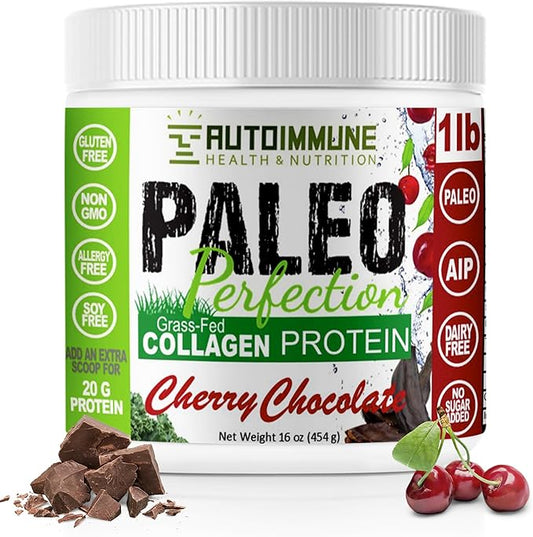 Paleo Perfection Cherry Chocolate Grass Fed Beef Collagen Protein Powder with Stevia - Paleo, Keto, SCD, AIP Protein Powder with Apple Fiber, Carrot & Broccoli - 1lb Protein Powder & Superfood Blend