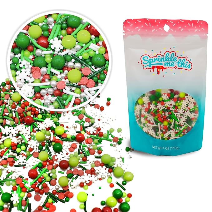 Under the Mistletoe - 8 Oz Sprinkle Resealable Bag - Christmas Themed Sprinkle Mix - Featuring Green, Lime Green, and Red Pearls, White Jimmies, Snowflake Quins, and Silver Nonpareils