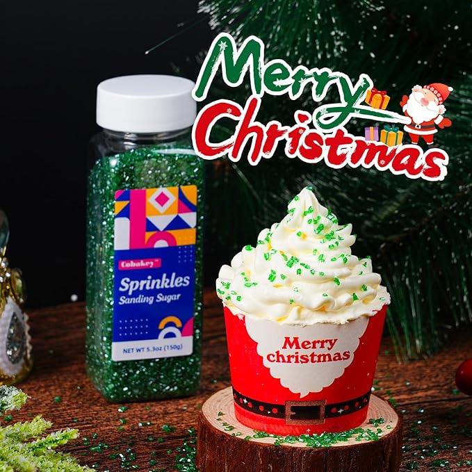 Green Sanding Sugar Sprinkles, 5.3 oz Edible Sparkling Sugar Crystals for Baking Topping, Cupcakes, Cookies, Ice Cream & Cake Decorating, Wedding Party Christmas Supplies