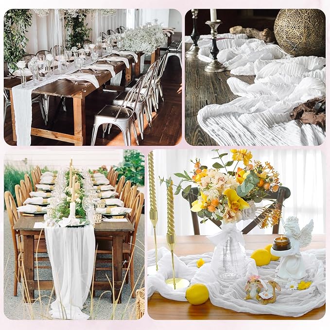 12 Pack White Cheesecloth Table Runner 17x108 Inch Semi Sheer Boho Gauze Cheese Cloth Fabric Table Runners, for Wedding Party Baby Shower Birthday Home Decor Garden Farmhouse