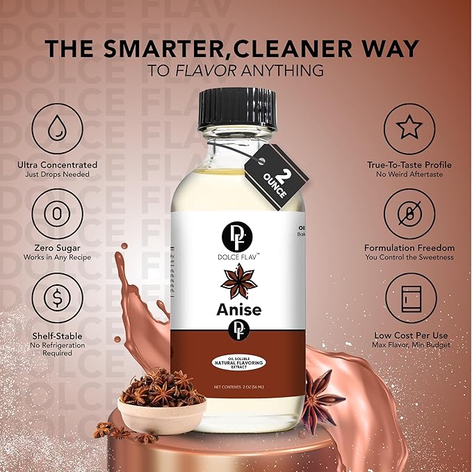 Dolce Flav Natural Anise Extract – 1 Gallon Oil-Soluble Kosher, Sugar-Free, Concentrated Licorice Anise Flavoring for Baking, Cookies & Liqueurs