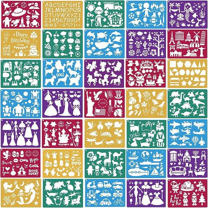 Stencils for Kids,35 PCS Drawing Stencils Templates Kids Reusable Plastic Stencils with Variety of Themes/Shapes,Girls Boys Christmas Birthday Gift