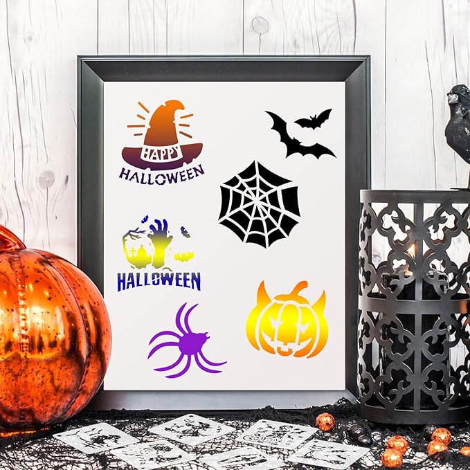 Augshy Halloween Stencils, 56 Pack Pumpkin Painting Stencil Ornament Stencils Plastic for Painting on Wood Ornaments Wood Slice DIY Crafts Fabrics Window Halloween Decoration (3 Inch)