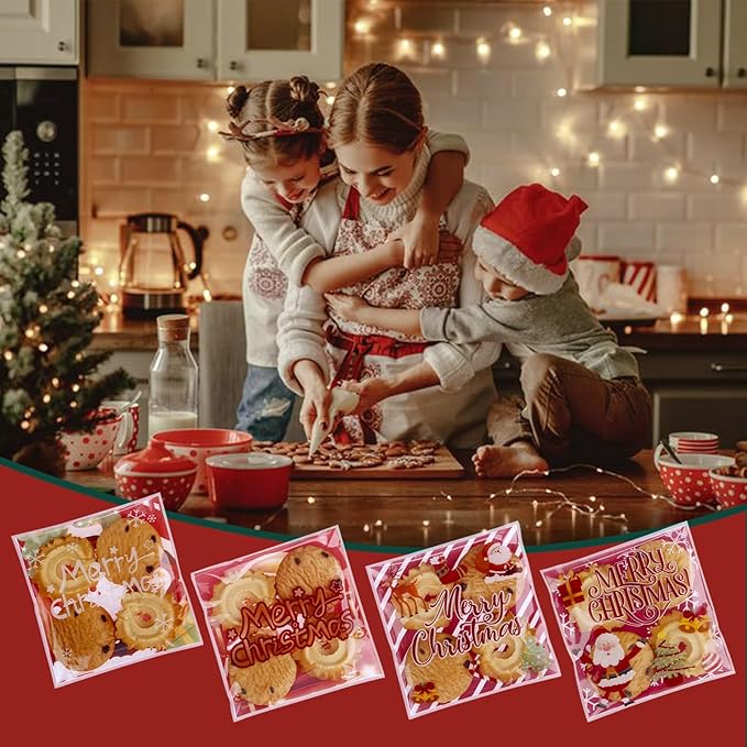 Christmas Cellophane Bags Biscuit Roasting Treat Bags Individual Wrappers Self Adhesive OPP Cookie Bakery Present Gift DIY Candy Decorating Favor Bags (4x4 Inch, 200Pcs)