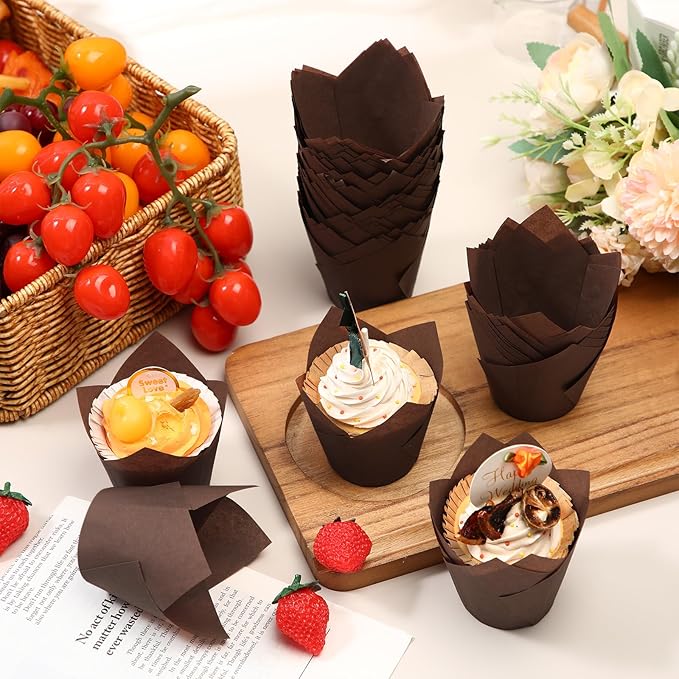 600 Pcs Tulip Cupcake Liners for Baking Muffin Liners Printed Baking Cups Holders Greaseproof Wrappers Decoration for Cupcake Bouquet Birthday Party Wedding Bride Shower (Brown)