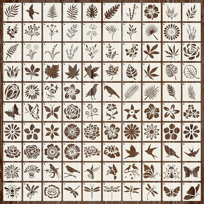 100Pcs Stencils for Painting, 3 Inch Reusable Small Stencil Flower Plant Animal DIY Craft for Rock, Walls, Canvas, Drawing, Art Scrapbook Home Decor.