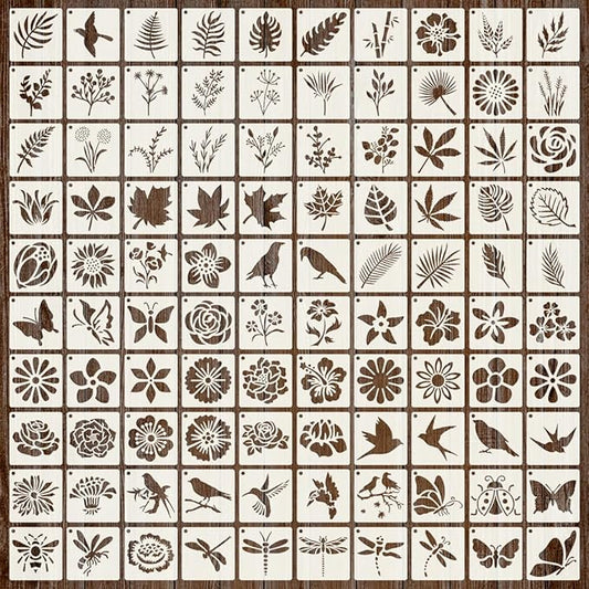 100Pcs Stencils for Painting, 3 Inch Reusable Small Stencil Flower Plant Animal DIY Craft for Rock, Walls, Canvas, Drawing, Art Scrapbook Home Decor.